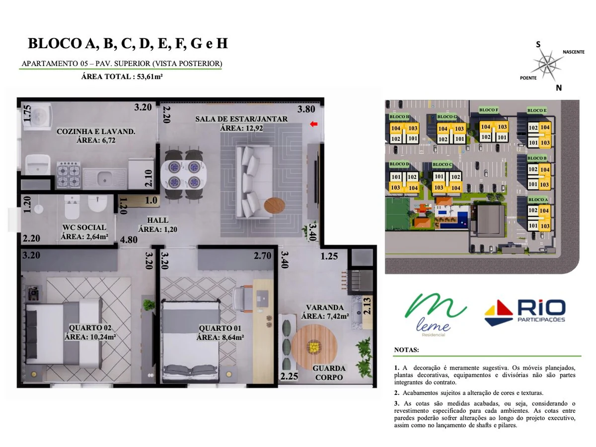 Planta do apartamento 05 – pavimento superior de 53,61m² com varanda de 7,42m²