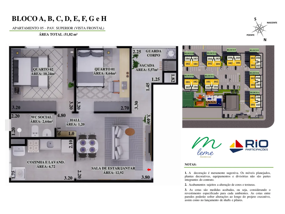 Planta do apartamento superior de 51m² com sacada