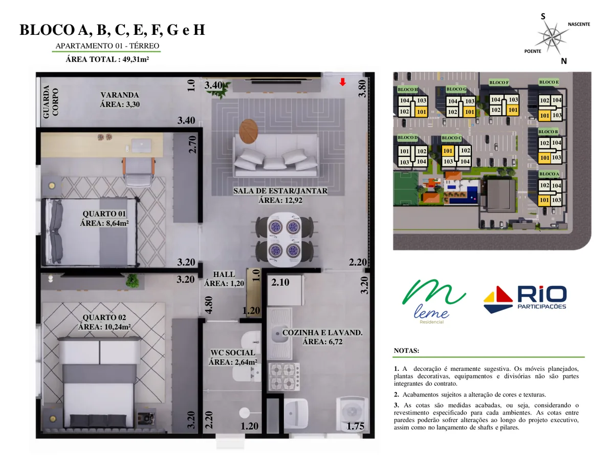 Planta do apartamento térreo de 49m²